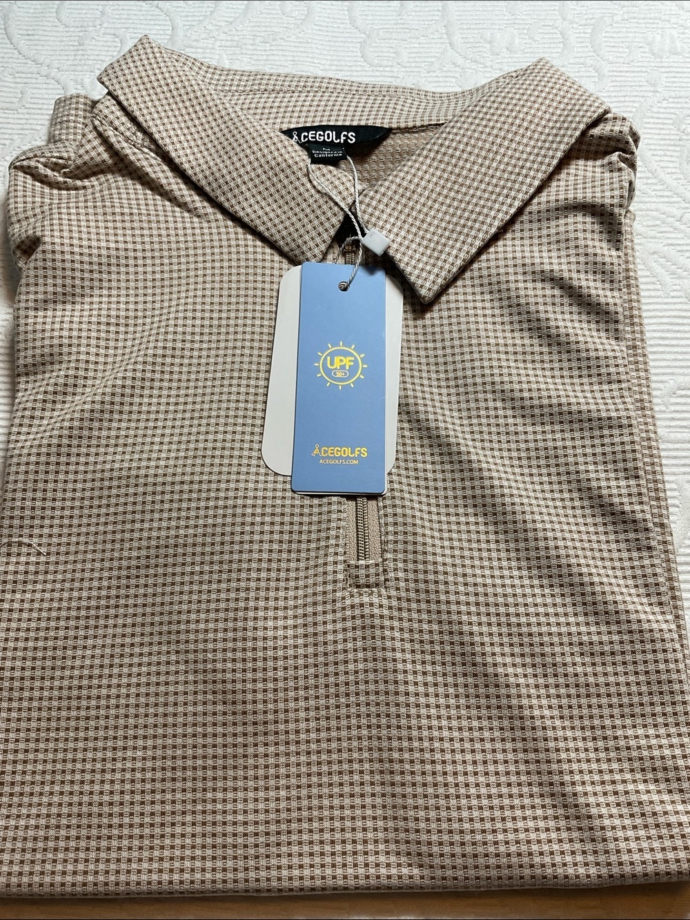 ACEGOLF Beige Checked Golf Polo. UPF. NWT. Medium